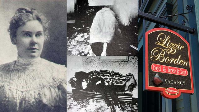 Acquitted suspected axe murderer Lizzie Borden; Bodies of her stepmother and father; sign for the Lizzie Bordern B&B, which gets 4.5 stars on Yelp.