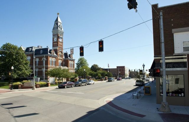 The Nodaway County Courthouse in Maryville, MO, stands at the center of the town's square. 