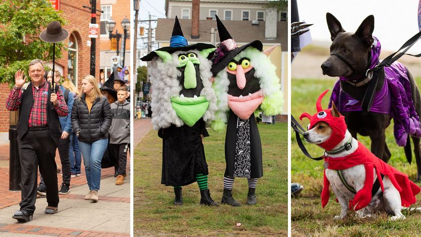 A walking tourguide leads visitors around Salem, MA; Two people pose in their witch costumes for Halloween; two dogs dressed up in costumes for Halloween.