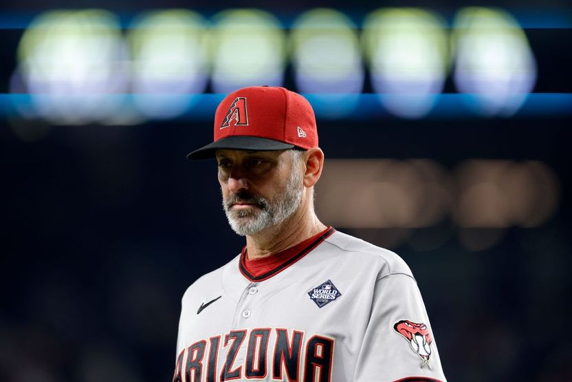 Manager Torey Lovullo of the Arizona Diamondbacks walks across the field in the ninth inning against the Texas Rangers during Game Two of the World Series at Globe Life Field