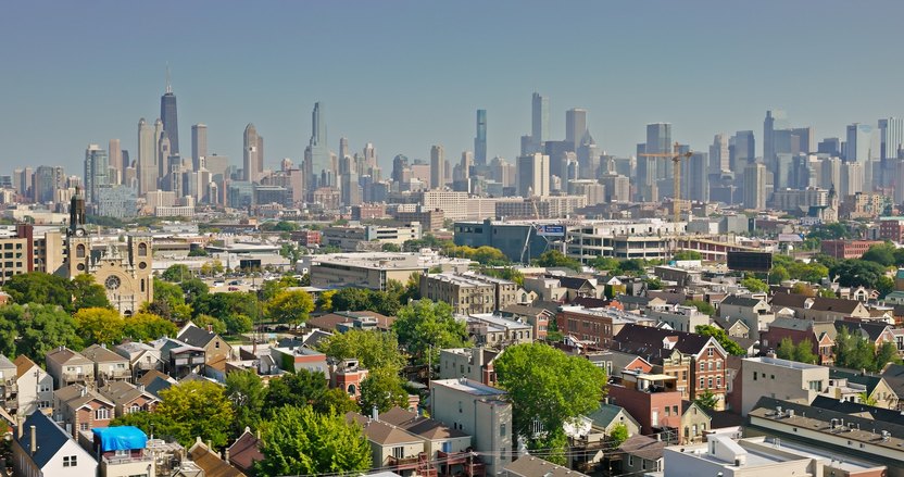 Drone Shot of Chicago Skyline from Over Wicker Park